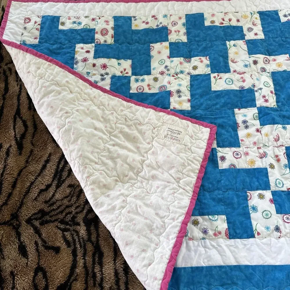 Handmade Lap Quilt 29x33 Beautiful Blue Pink Floral Kids, Baby, EUC Gift